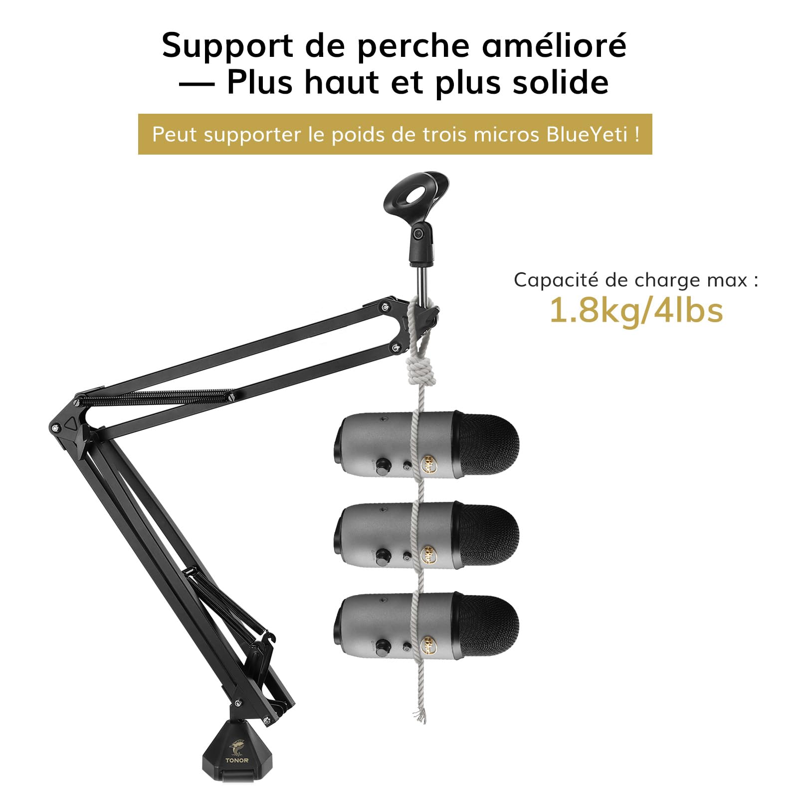 TONOR Bras de Micro Réglable Support de Microphone Studio avec Filtre anti-pop Adaptateur 3/8" à 5/8" Pince Fixation Renforcée 35 cm +35 cm T20