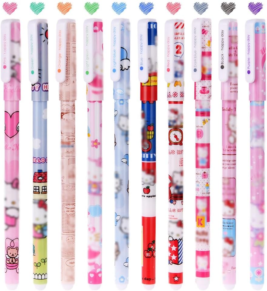 Cute Colour Pens, 10pcs Hello Kitty Gel Pens, 0.38mm Roller Ball Pen Colourful Gel Ink Pen for Kids Girls Boys Children Students Teens Office Gifts Fine Point