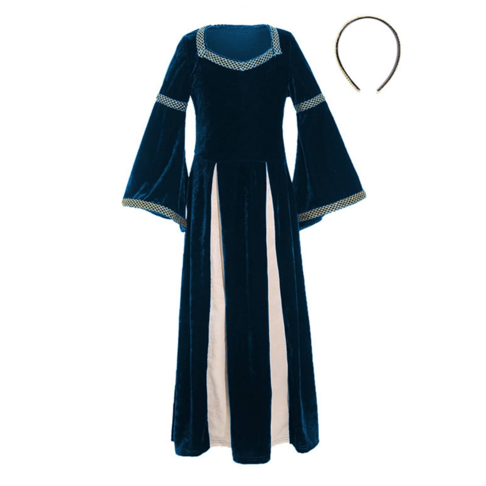 Harilla Abito Rinascimentale Lusoso Eleganti Finiture Dorate, Costume Medievale, in Velluto, Abito con Maniche a Campana, per Spettacoli Teatrali, Bambine