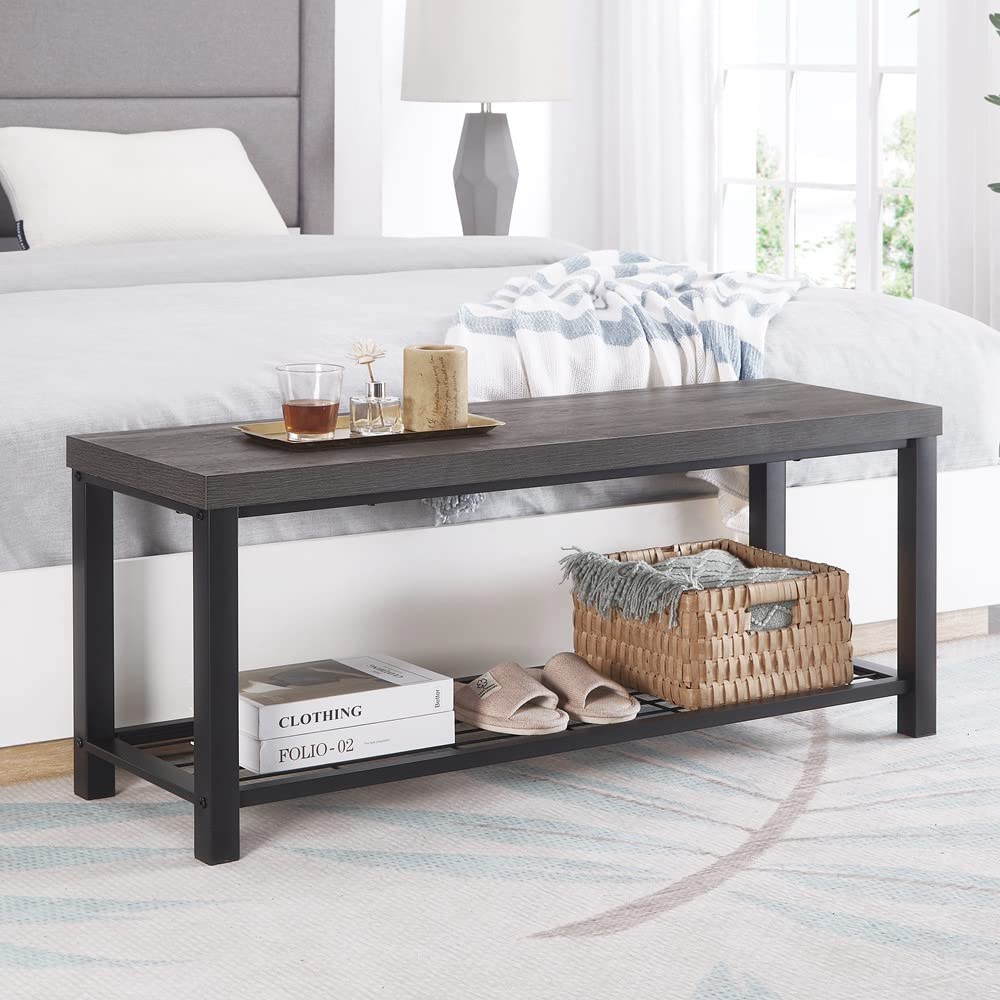 Photo 1 of EXCEFUR Shoe Entryway Bench, Rustic Wood and Metal Storage Bench for Living Room, Indoor Shoe Rack Bench Seat, Grey