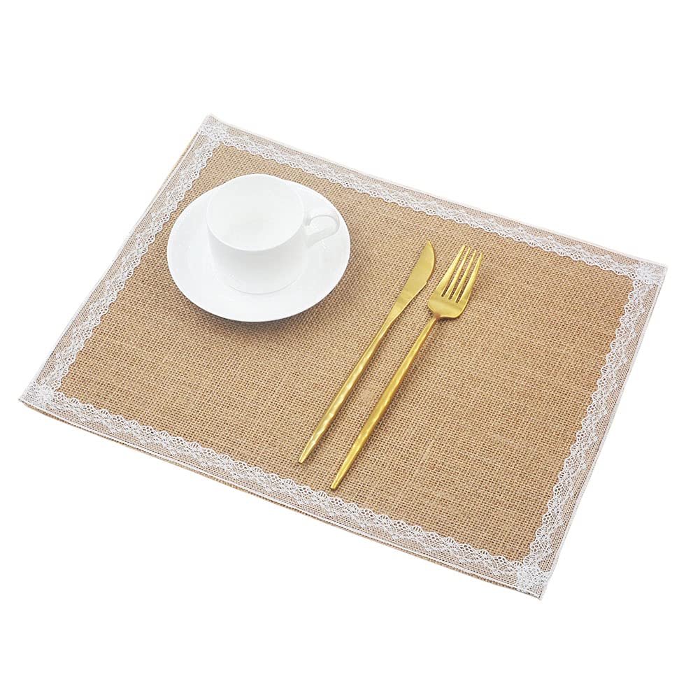 SCF2017 Set of 6 Lace Jute Hessian Burlap Placemats Rectangular Table Mats Table Runner 40cm x 30cm(Style 4)