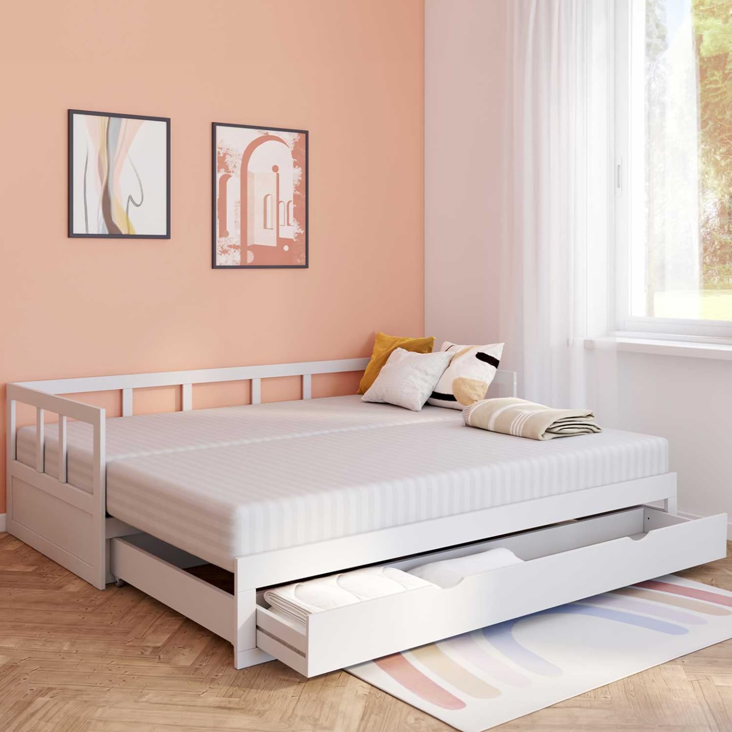 IDMarket Zoya Convertible Cama Banqueta 90 x 190 cm, 180 x 190 cm, color blanco con 1 cajón de almacenamiento