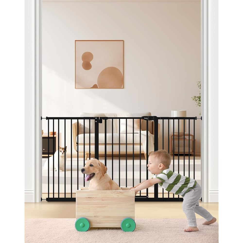 keny 29-55 Extra Wide Baby Gate, Pressure Mounted No Drilling Dog Gate for Stairs Doorways, Easy Walk Through Safety Gate for Babies or Pets, 30 Tall, Black