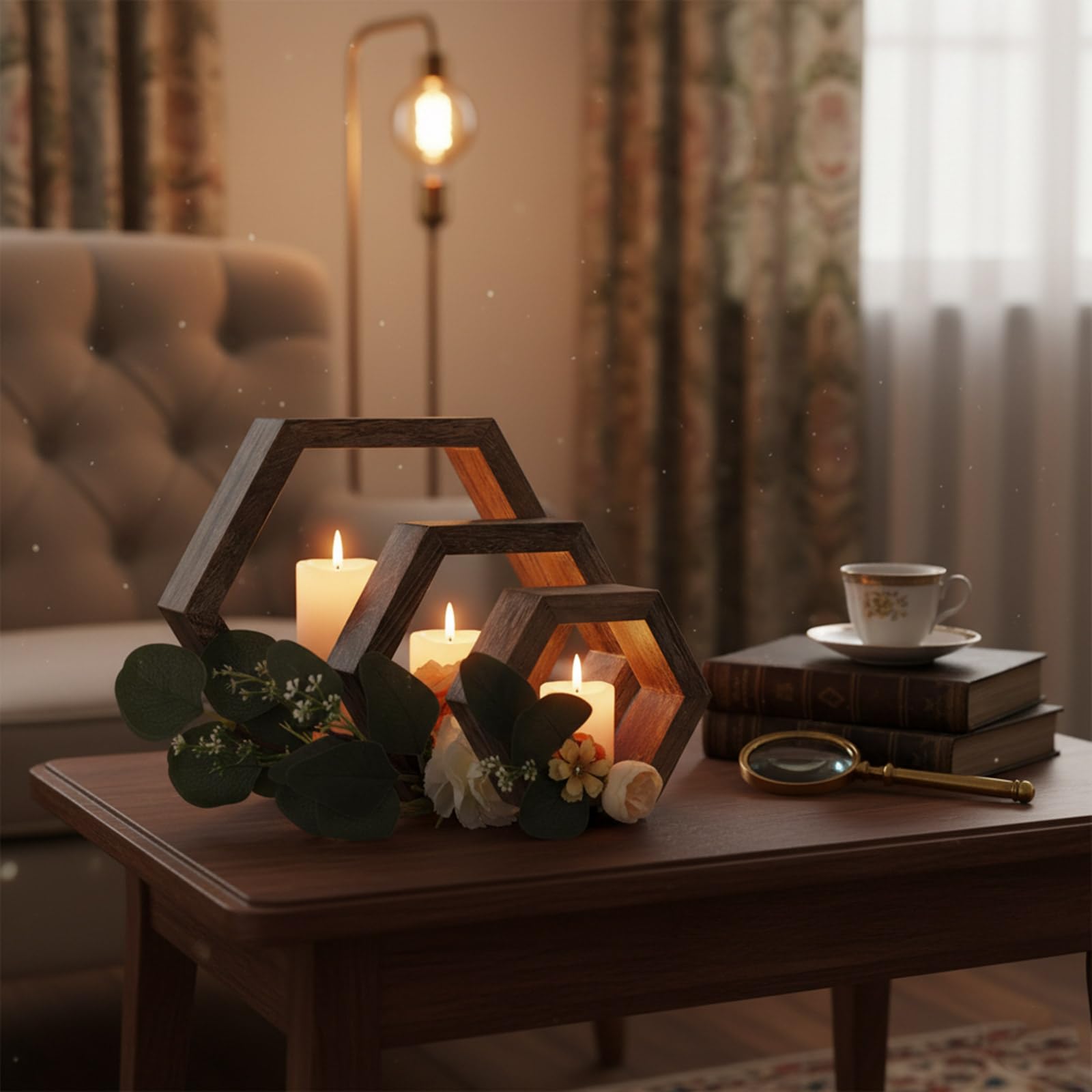 Paquete de 3 soportes hexagonales para velas de té, de madera maciza, decoración artística para el hogar, para bodas, mesas de comedor, decoración geométrica del hogar