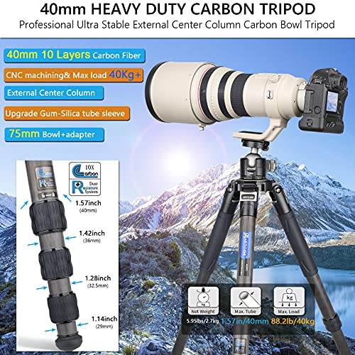 10 Layers 40Mm Carbon Fiber Tripod With External Center Column Ultra Stable Professional Heavy Duty Carbon Bowl Tripod Cnc Cellphone Clip+ Aluminum Magic Arm Kit For Dslr Cameras Max Load 88 Lbs/40Kg #TOP1
