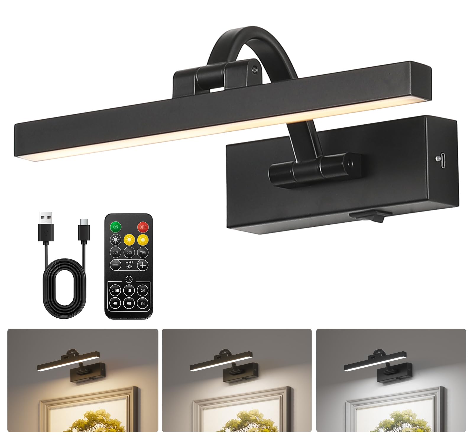 LED Wireless Picture Light with Remote Control,USB Rechargeable Battery Powered Art Lights,Dimmable,Timing,Black Wall Lights for Paintings,Picture Frame,Gallery(Black, 11.62inch)
