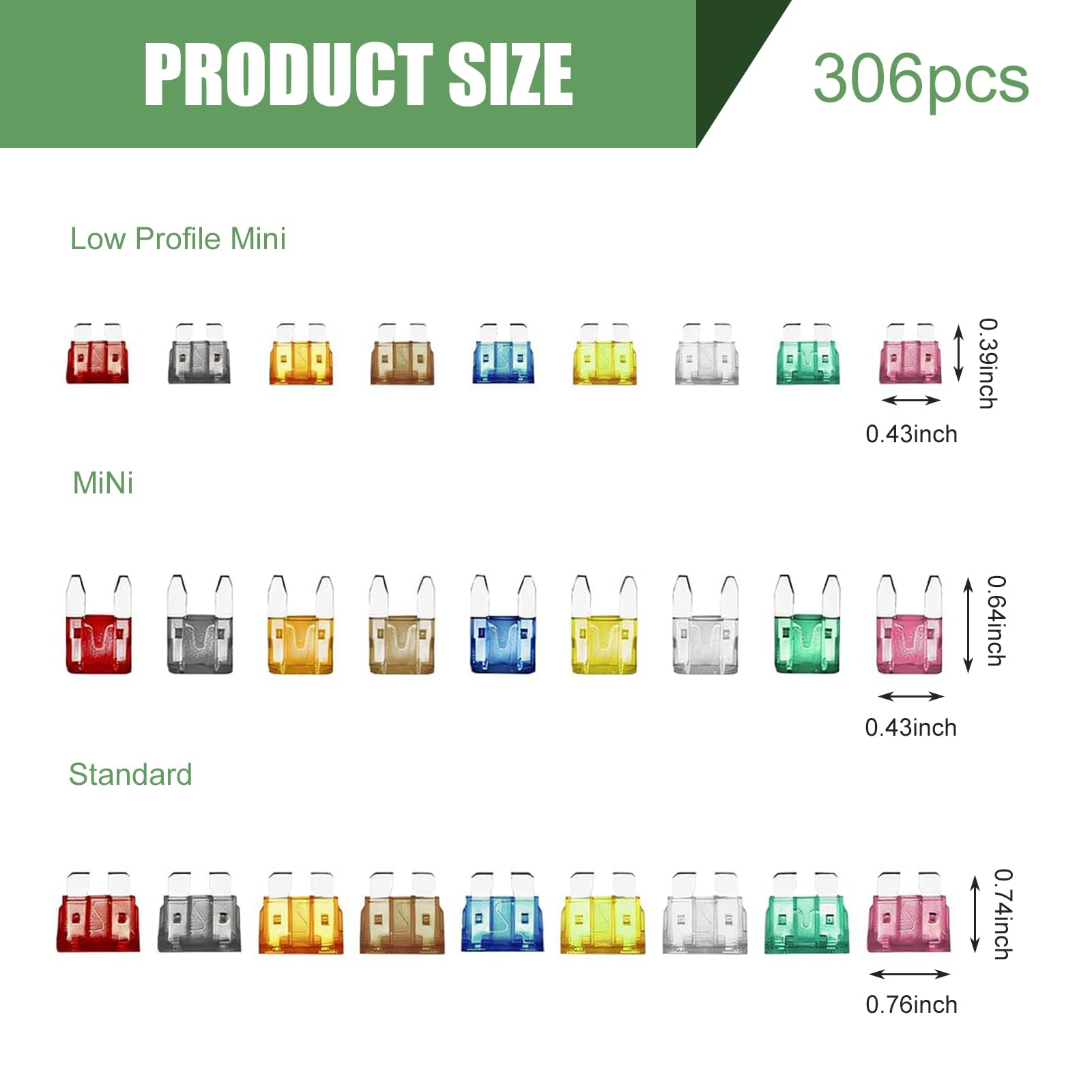 Kit de fusibles de coche de 306 piezas, kit surtido de fusibles de coche, fusibles de hoja de vehículo mixto, estándar y mini y de perfil bajo Mini-2A 5A 7.5A 10A 15A 20A 25A 30A 35A con