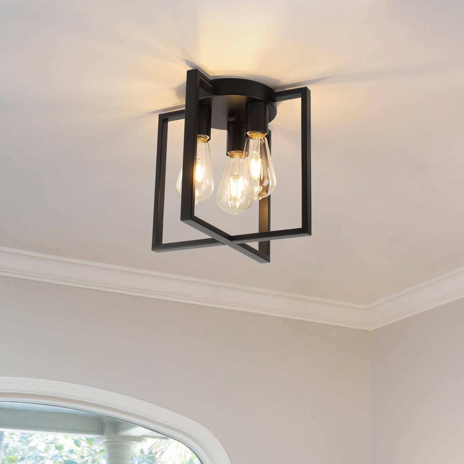3-Light Black Ceiling Light Fixture, Farmhouse Semi Flush Mount Chandelier with Square Metal Frame, Industrial Ceiling Lamp for Hallway Entryway Foyer Hall Bedroom Living Room Kitchen Sink (Similar To Stock Photo)