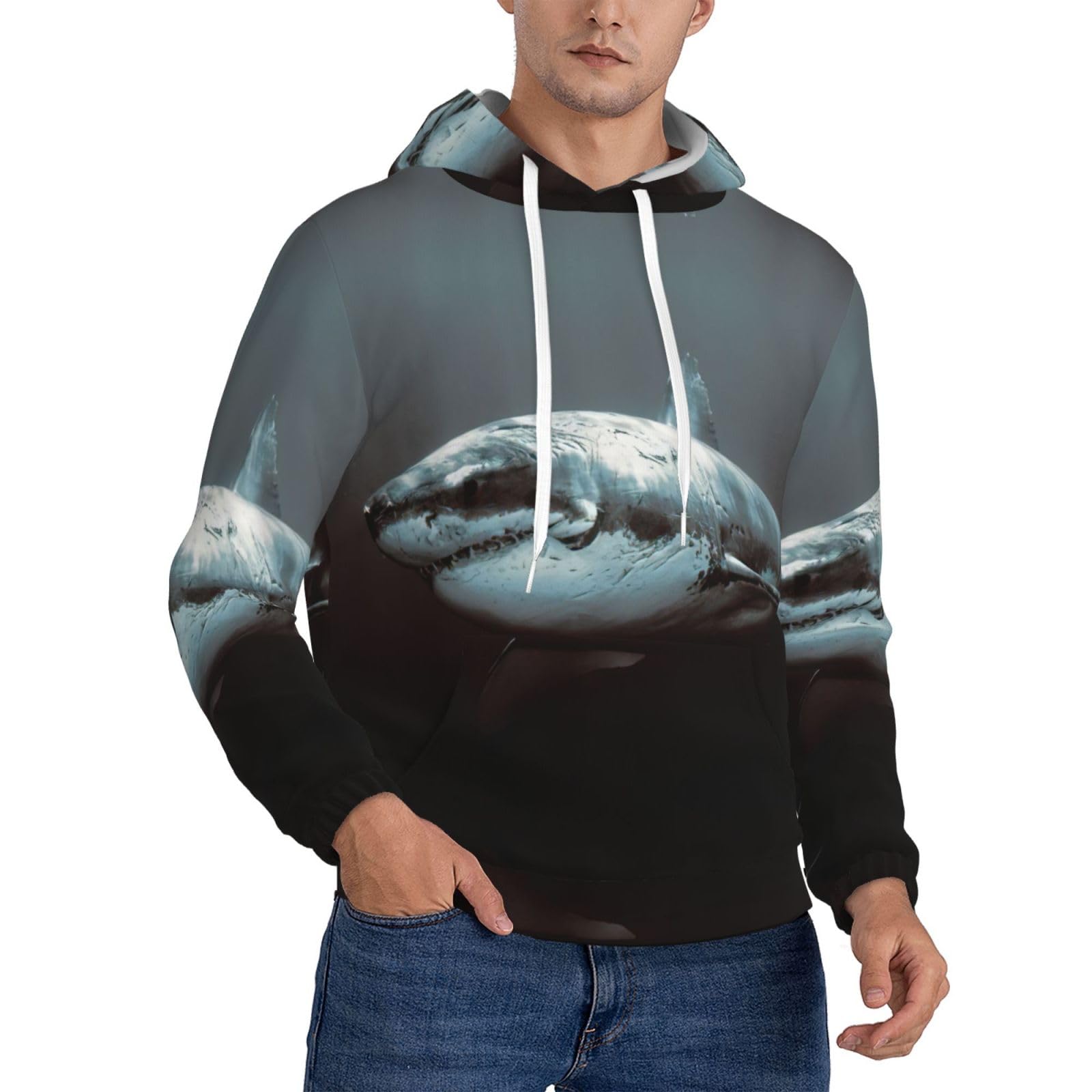 EdWal Great White Shark Print Men'S Hoodie,Comfortable Pullover Sweatshirt For Men,Drawstring Casual Hooded Sweatshirts