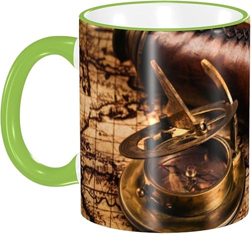 Taza de café vintage con brújula retro con mapa del mundo antiguo, tazas de café de cerámica con asa, tazas de té, tazas para café, tazas para