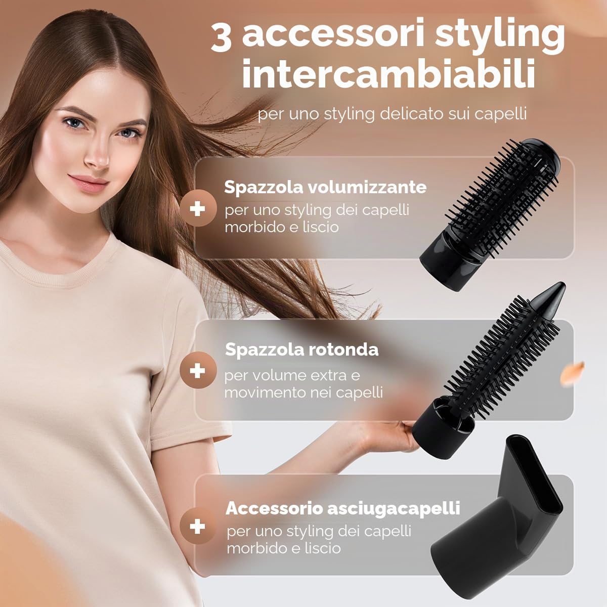 Clatronic® Spazzola ad aria calda, 3 accessori, per tutte le lunghezze dei capelli, spazzola per asciugacapelli con livello freddo per Style-Fix, 2 livelli, per capelli tondi, cavo a 360°, spazzola ad