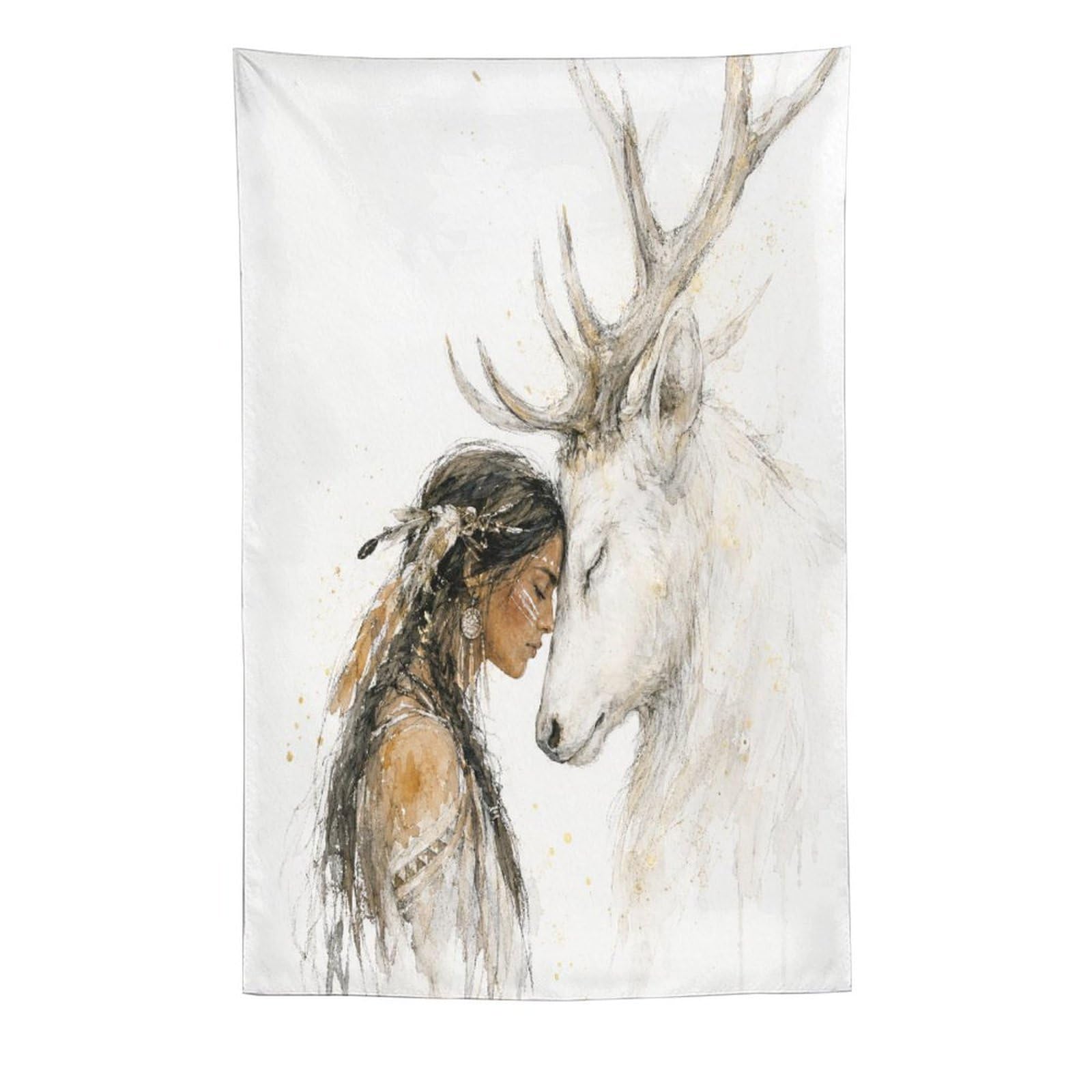 W7C8U2X3 Native Woman with White Deer Wall Tapestry, Watercolor, Office