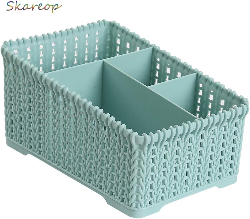 Skareop Rattan Storage Box Simulation Rattan Weave Basket Stationery Pen Pencil Case Cosmetics Jewellery Organiser Storage Box Holder Container Cabinet (Blue)