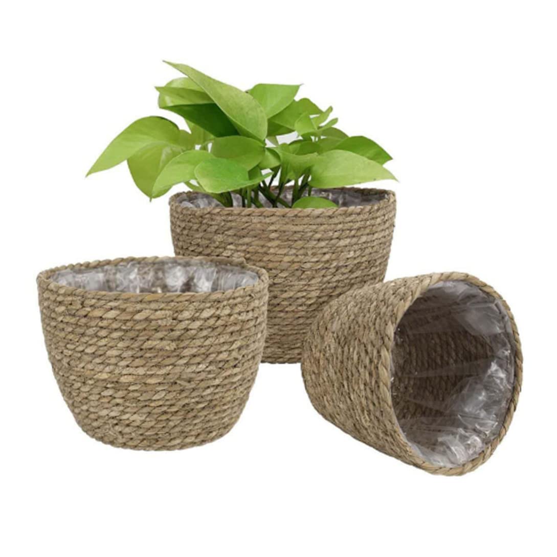Grsrkep Woven Plant Pot Seagrass Planter Basket Natural Flower Planter Storage Container for Home Decor 3PCS