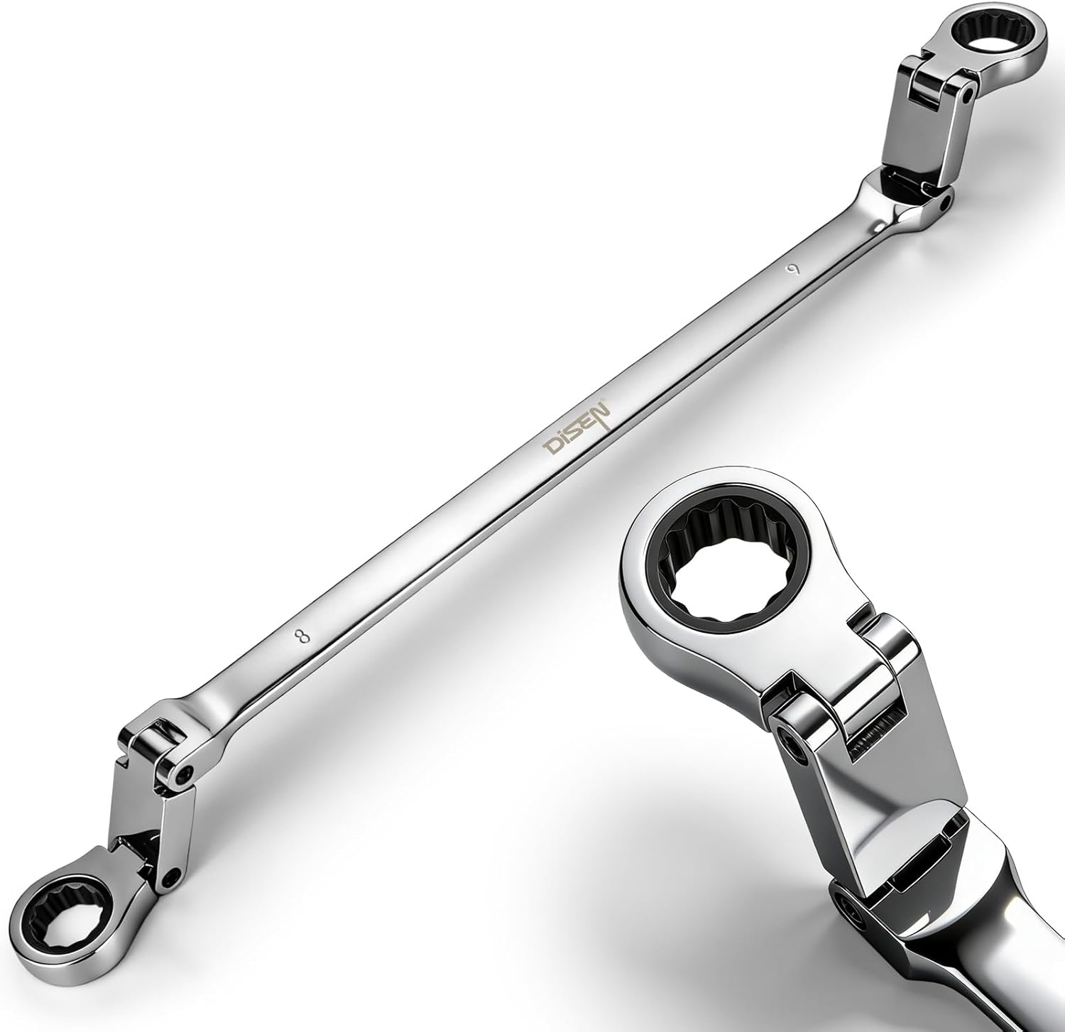 DISEN Extra Long Flex Head Ratchet Wrench Metric 8-9MM, Double Jointed Box End Ratcheting Combination Wrench, 72-Teeth, Cr-V Steel,12 Point