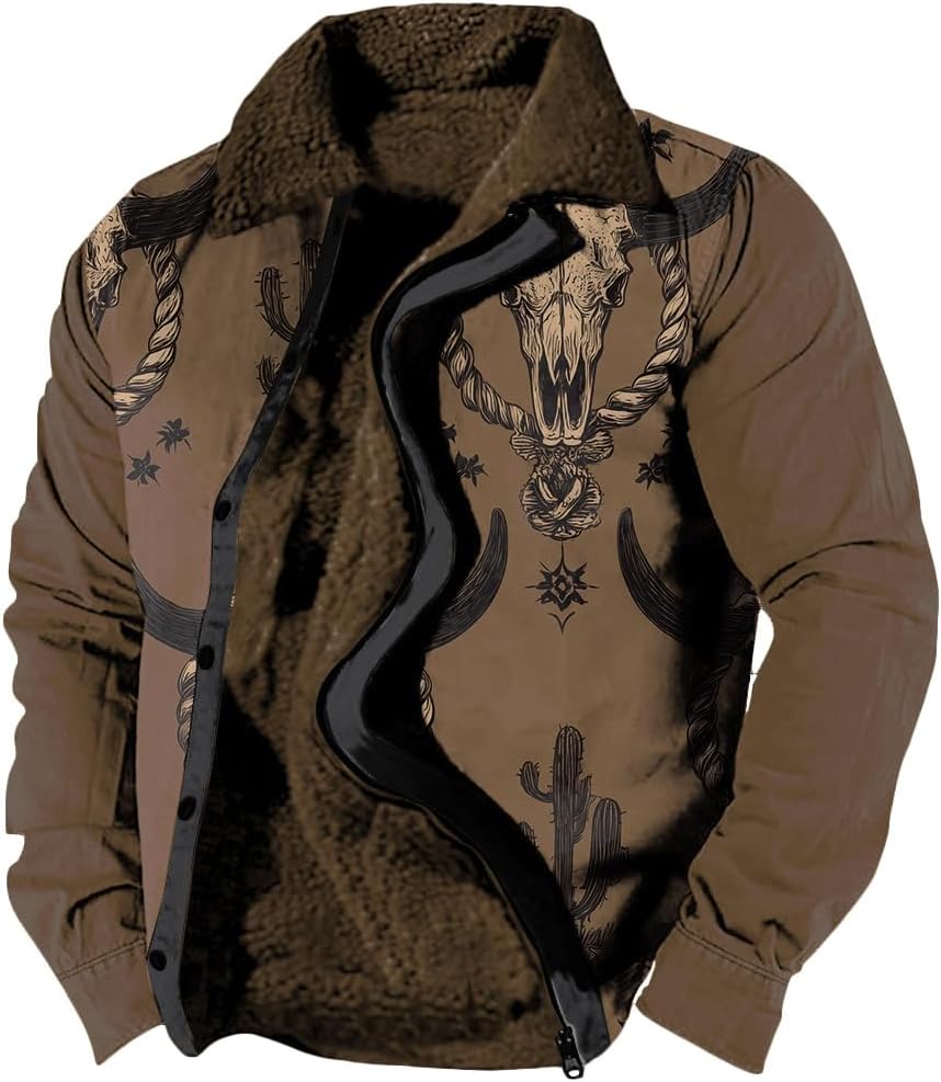 Men's Aztec Tribal Print Jacket Western Cowboy Graphic Fleece Coat Sherpa Casual Retro Zipper Jackets Warm Heavy