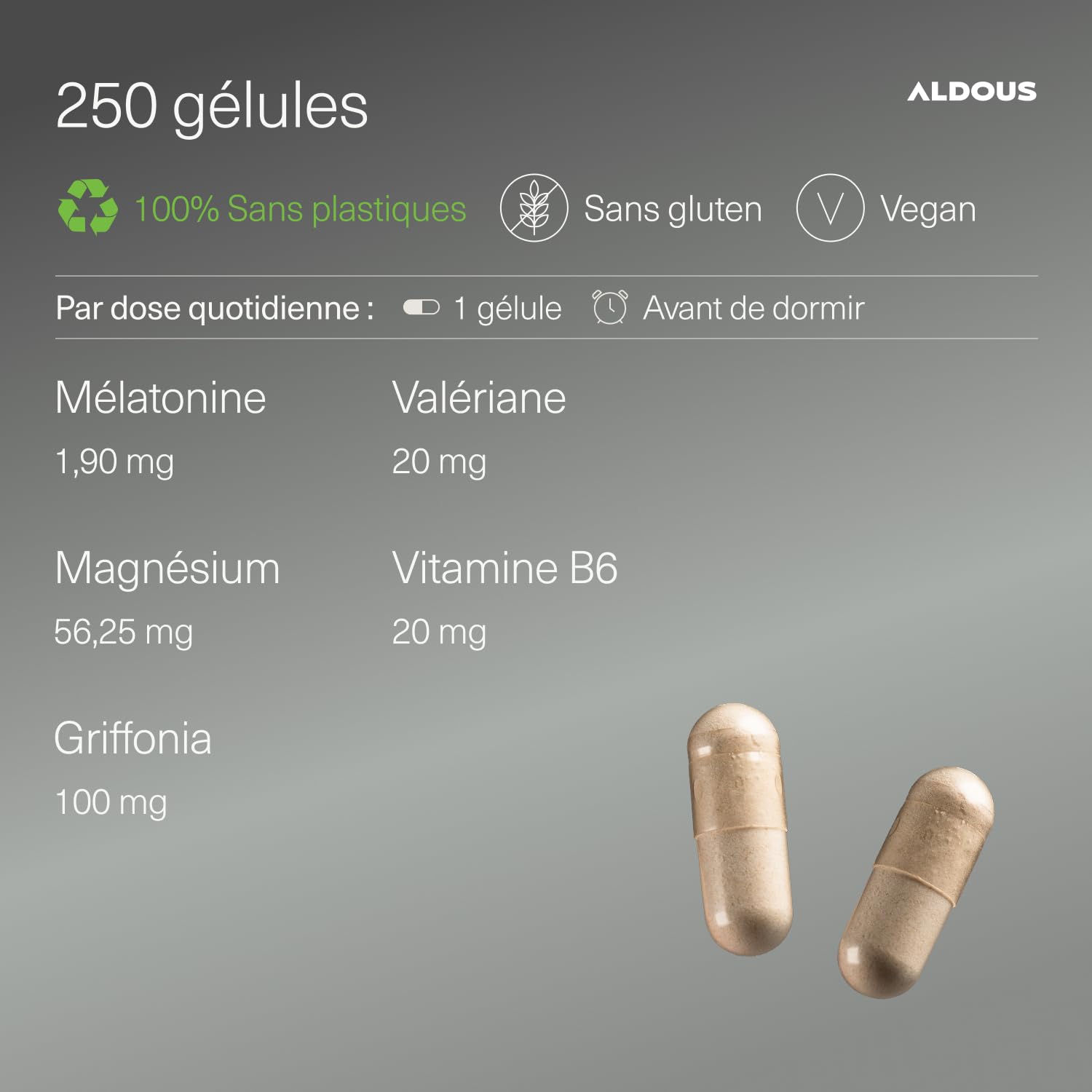 Melatonine 1,9 mg - 250 Gélules - 250 Nuits - 5HTP, Magnésium, Valériane, Vitamine B6 - Endormissement, Sommeil, Bien Dormir - Insomnie - Sans édulcorants ni OGM, sans plastique - ALDOUS