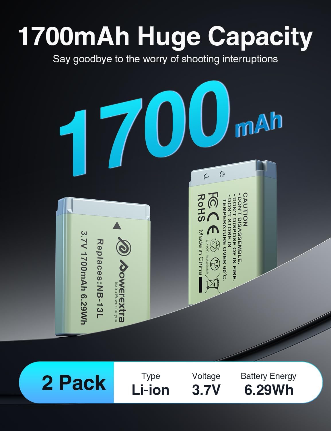 2 Pack NB-13L Battery Compatible with Canon PowerShot SX740 HS/G1 X Mark III/G5 X/G5 X Mark II/G7 X/G7 X Mark II-III/G9 X/G9 X Mark II/SX620 HS/SX720 HS Cameras