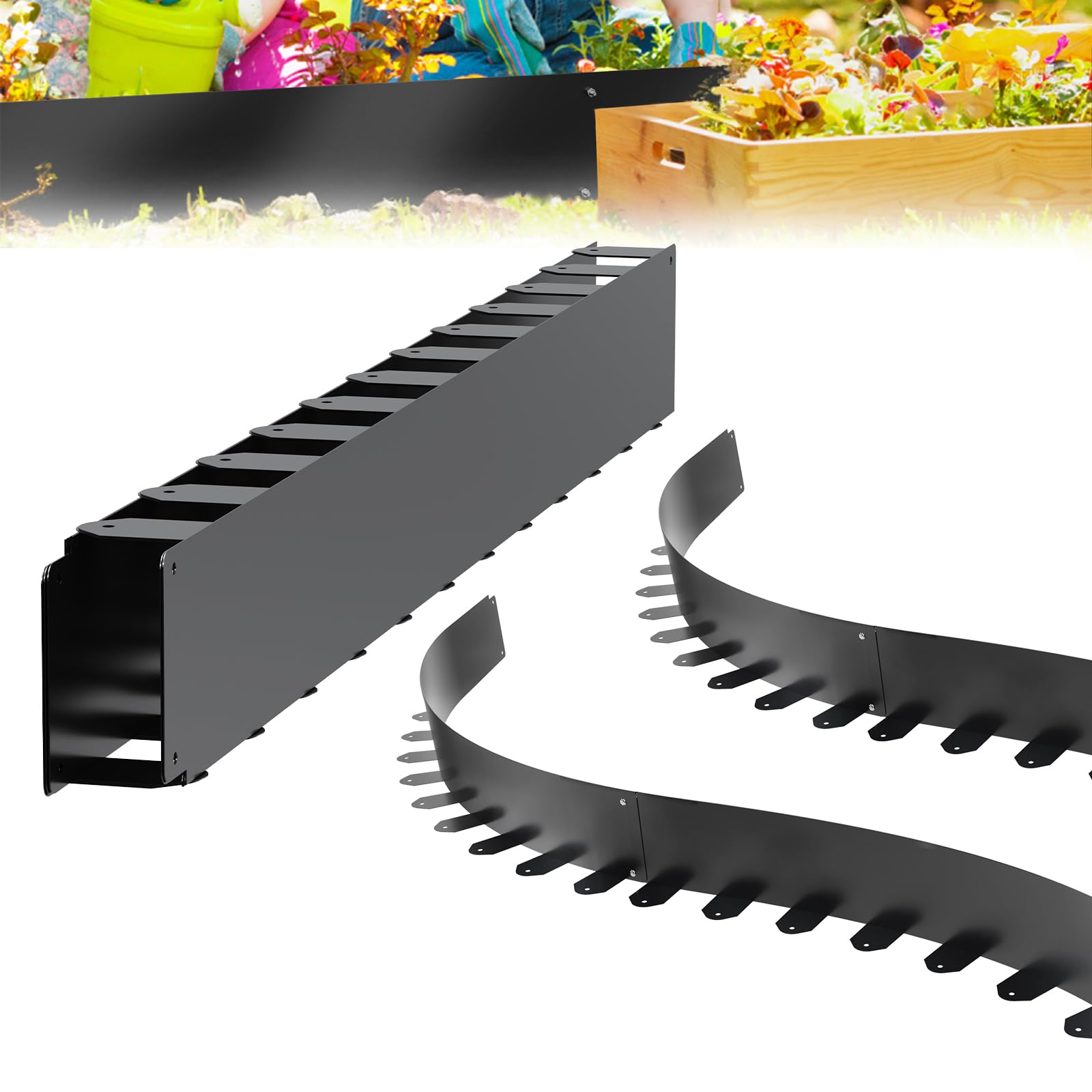 Aufun No-Dig Garden Edging Border with 25 Pcs Ground Stakes Galvanised Steel Landscape Edging Border Paver Edging Kit for Lawn, Yard, Flower Beds Black 10cm x 5m