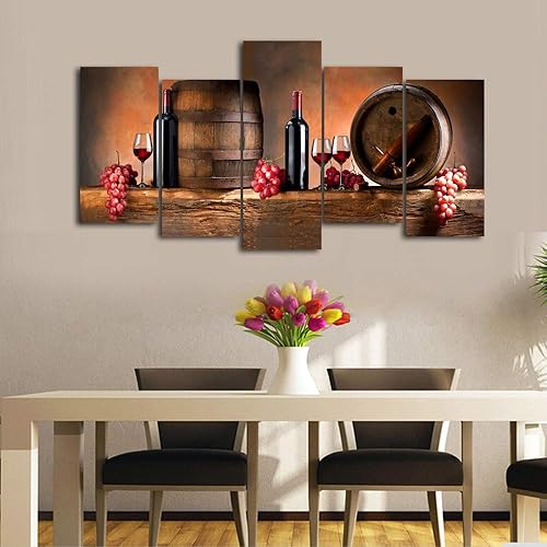 Cao Gen Decor Art -K60527 5 paneles de arte de pared pintura de copa de vino tinto de frutas uva lienzo estirado y enmarcado listo para colgar para