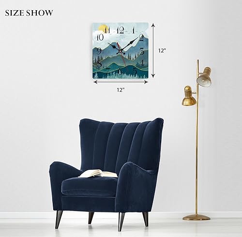 Miniatura 4 de ArtSocket Reloj de pared de madera Green Mountain, silencioso, sin tictac, estilo bohemio, de mediados de siglo, sol, paisaje, bosque, cuadrado,