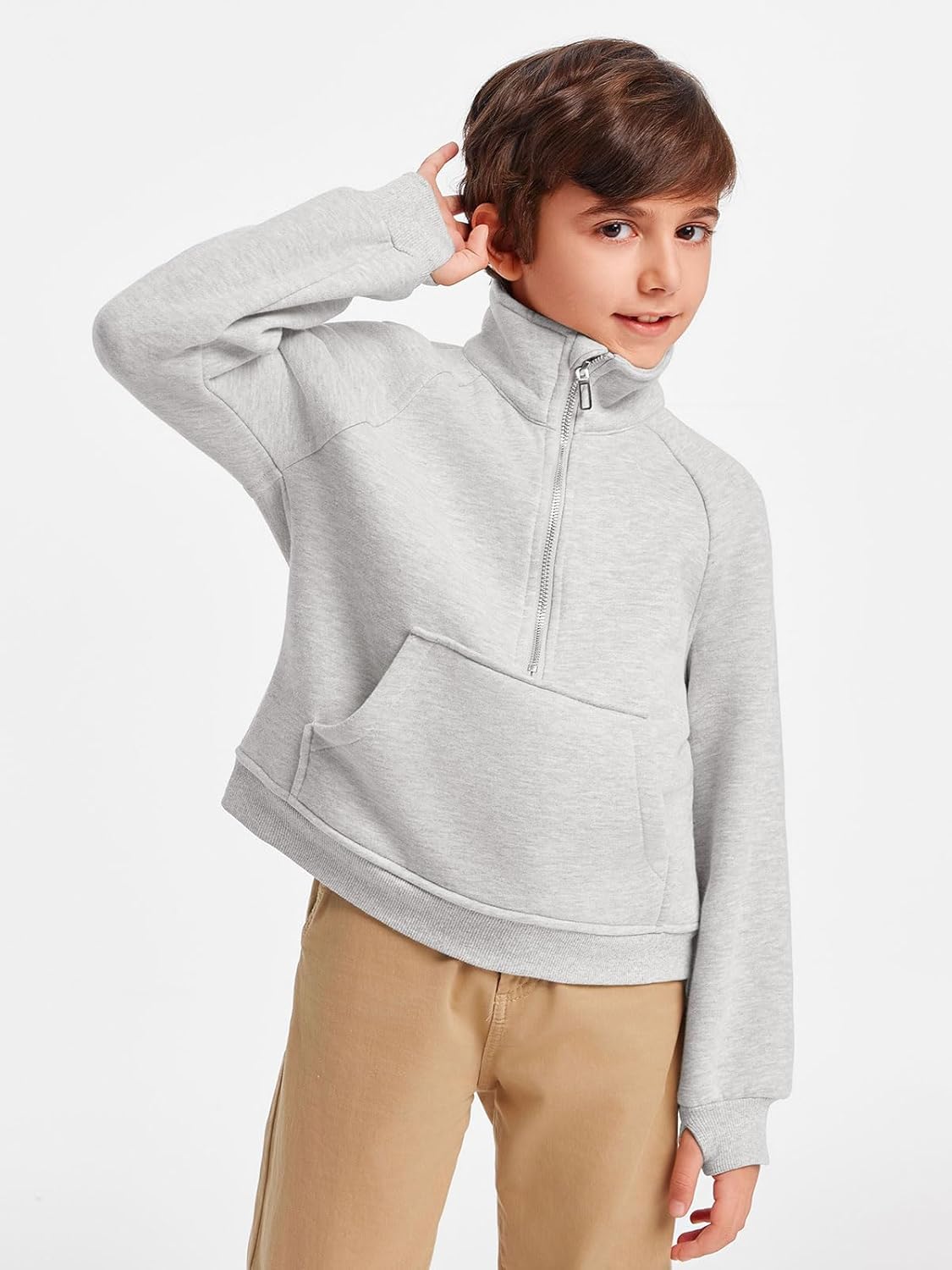 Haloumoning Boys Thumb Hole Sweatshirts Half Zipper Long Sleeve Fleece Pullover with Pockets 5-14 Years - Image 3