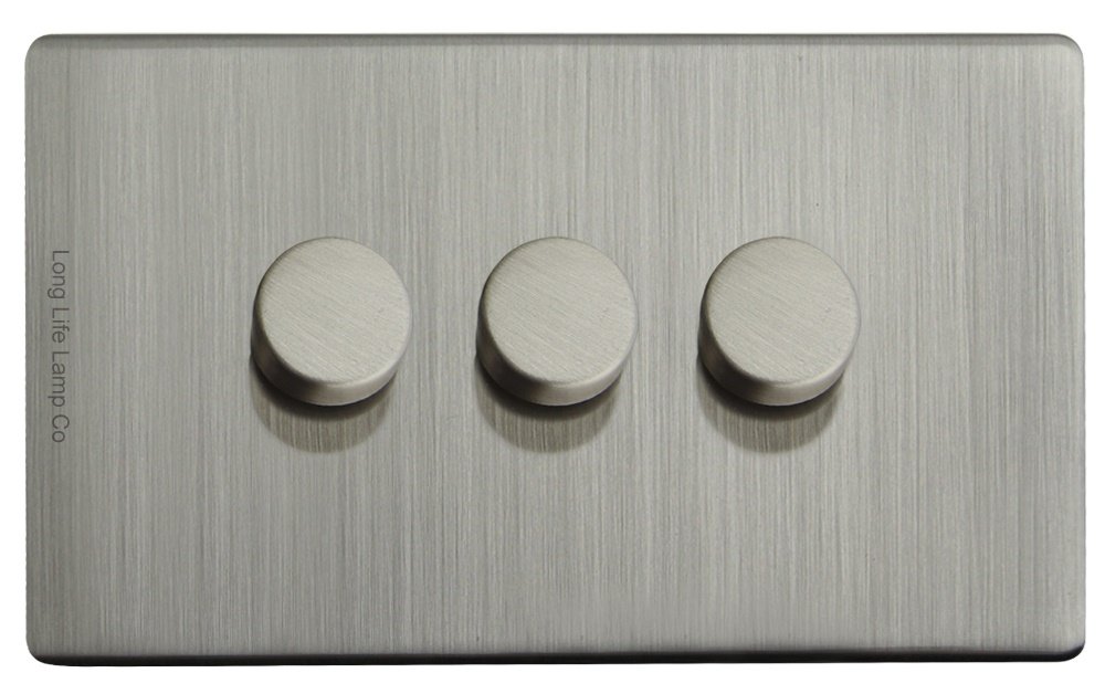 LED Dimmer Switch Gloss Brush Chrome 3 Gang 2 Way 300w Screwless Plate Finish N357DME