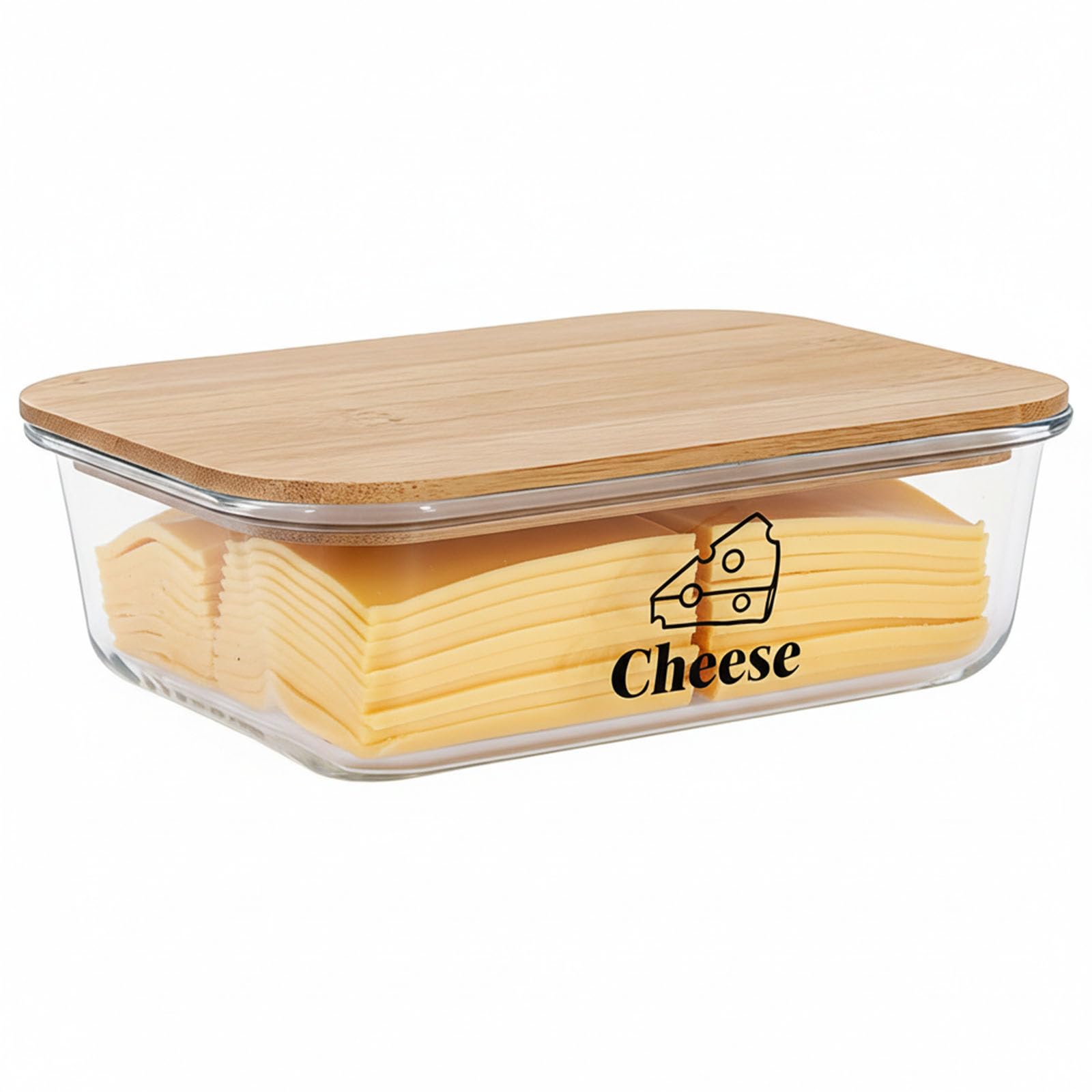Punorric Cheese Storage for Fridge - Airtight Storage Box, 1.52L Glass Cheese Container with Bamboo Lid, Stackable Fridge Containers, Transparent Glass Jar for Butter/Meats/Fruit/Nut -Big