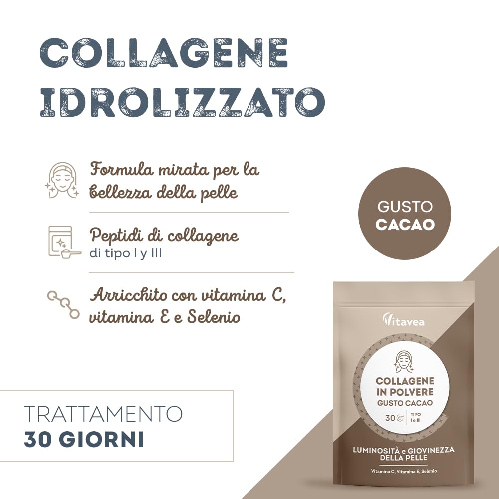 Vitavea Collagene Cacao Doypack - 2500 mg di Collagene Marino Idrolizzato Tipo 1 e 3 - Con Vitamina C, E, Selenio - Azione Antirughe - Pelle Luminosa - Gusto Cacao -150 g