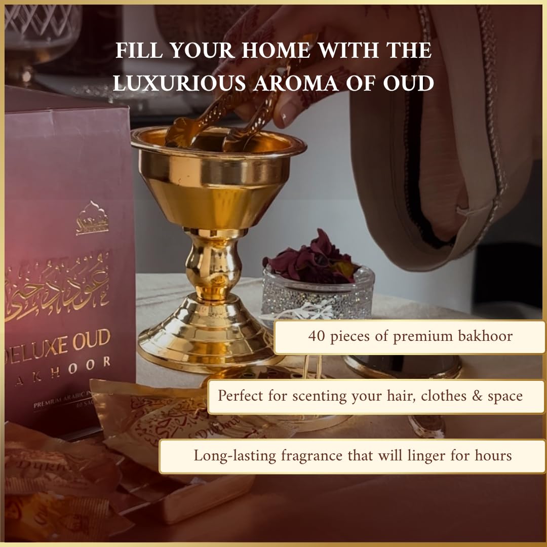 Oud Bakhoor Deluxe by Dukhni - Incensi arabi Bakhoor, 40 pezzi, fatti a mano, ricchi, lussuosi, miscela di Oudh legnosa naturale, regalo lussuoso per Ramadan e Eid, per rilassarsi e meditare