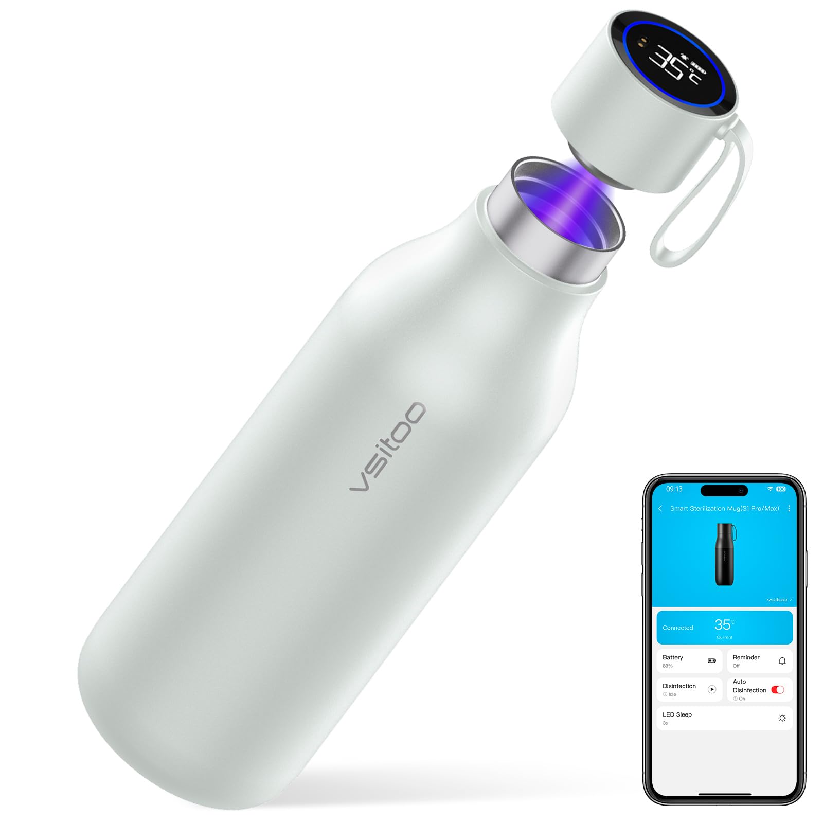 vsitoo Selbstreinigende Wasserflasche, 935.5 g Isolierte Edelstahl BPA Frei Smart Water Bottle, Touchscreen APP Control & Auto-Cleaning, Thermoflasche für Reisen, Weiß