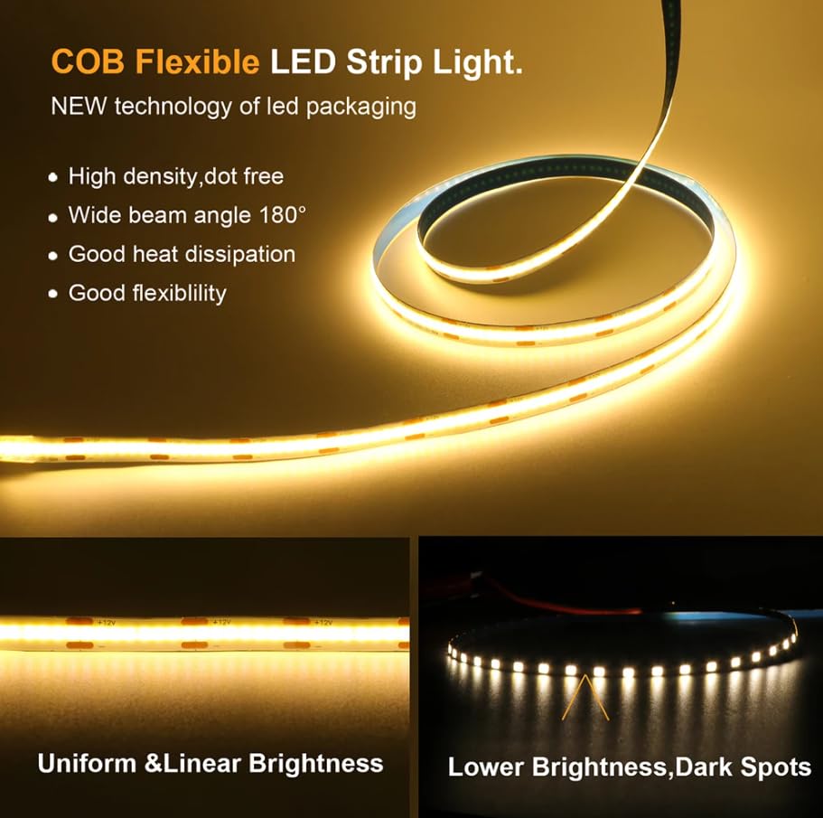 Tira LED COB 5mm 12V 5m Warm White Alta Brillo miniatura 3
