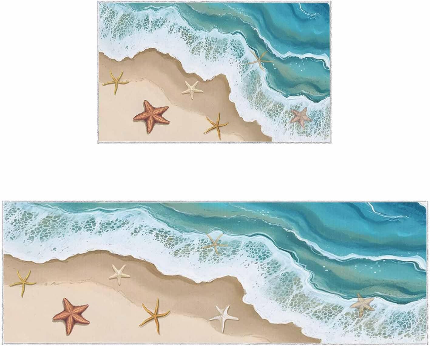 2 Pieces Kitchen Rugs and Mats,Nautical Ocean Sea Wave Starfish Area Runner Rug Set Non Slip Floor Doormat Washable Carpet Standing Mat for Kitchen Sink Indoor Corridor,Marine Life Beach Theme