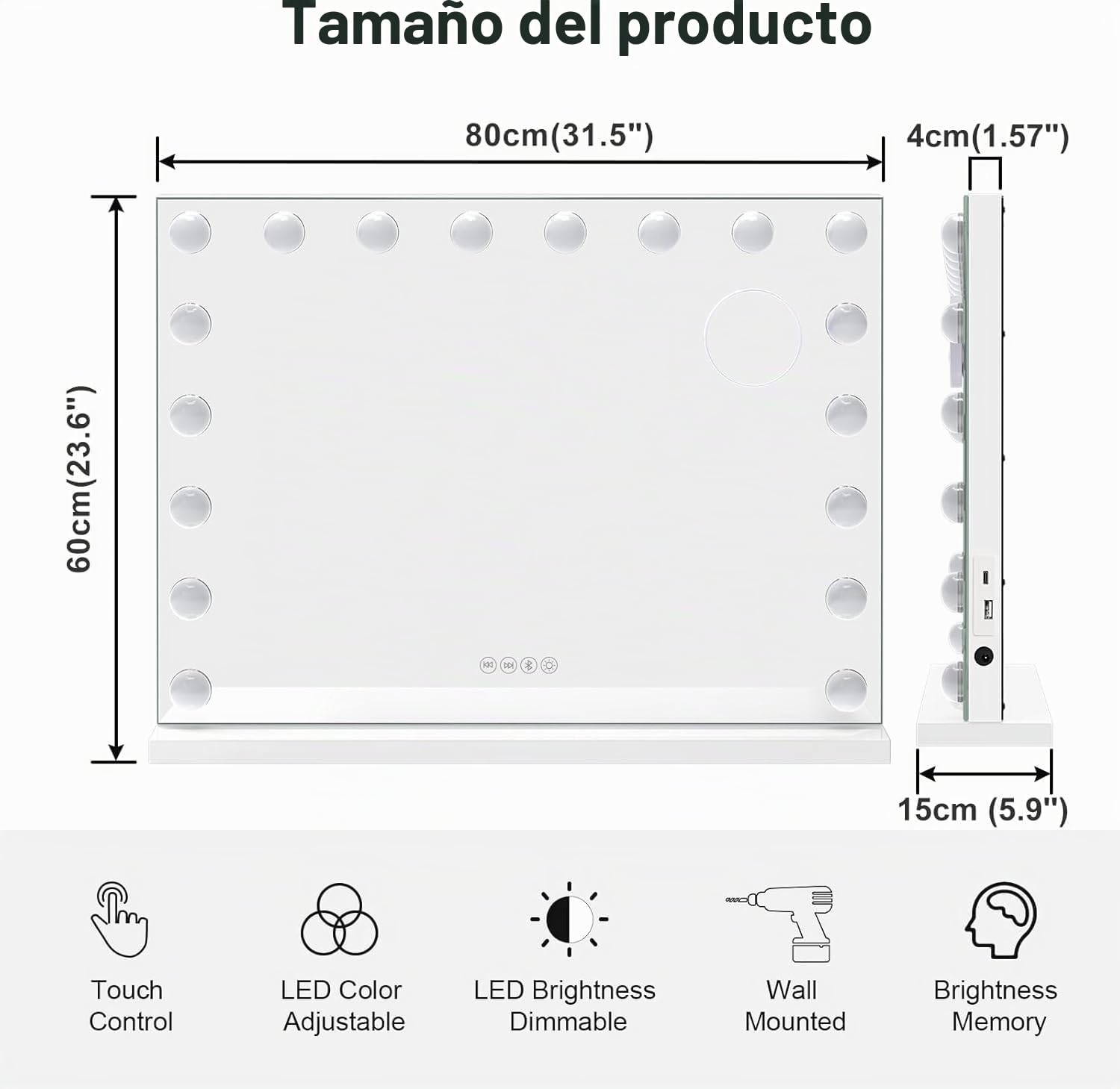 Espejo de Maquillaje con Bluetooth, 80 x 60 cm, Espejo tocador con Luces de 18 LED Hollywood, montado en la Pared o en la Mesa, 3 Colores de luz y función de Brillo Ajustable