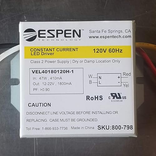 Miniatura 2 de Espen Controlador LED VEL40180120H-1 Corriente constante, 40W, entrada de 120V, voltaje de salida 12-22V.