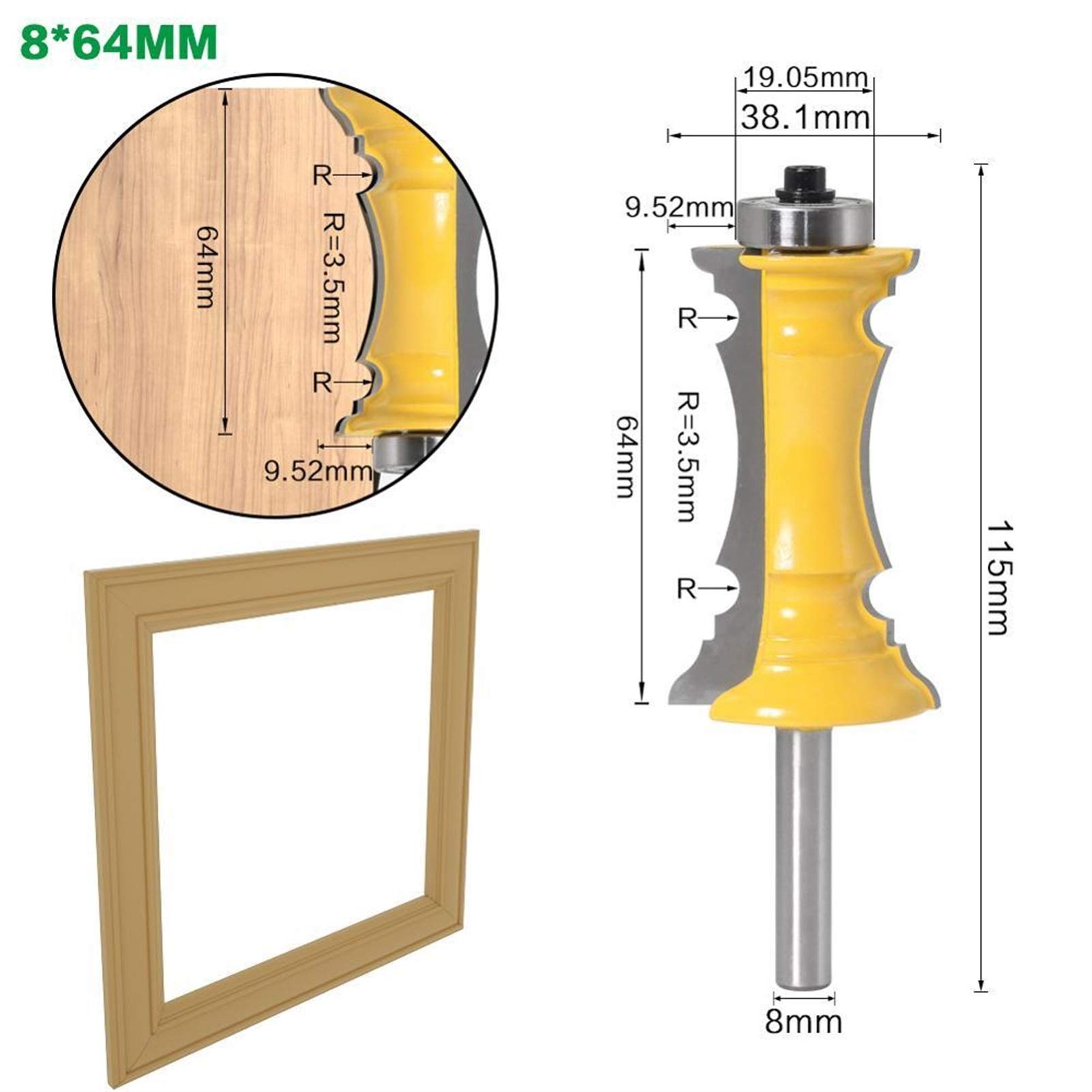 Zkenyao-Router Bit 8mm 38mm 64mm Shank Miter Frame Molding Bit Line Door Knife Tenon Cutter for Woodworking Tools, 1pc, Use Safety Reliable (Cutting Edge Length : 8X64mm)