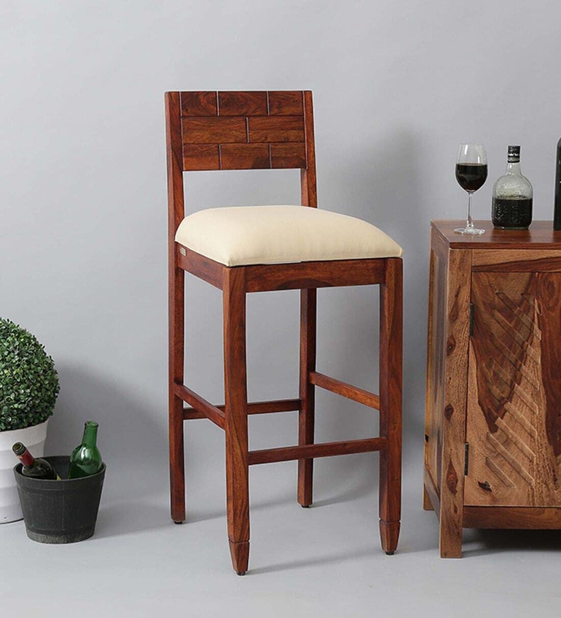 Solid Wood Bar Stool in Honey Oak Finish | Handcrafted Wooden Bar Chair | Backless Tall Stool for Kitchen Counter, Breakfast Bar, Home or Café, 17 x 42 Inch