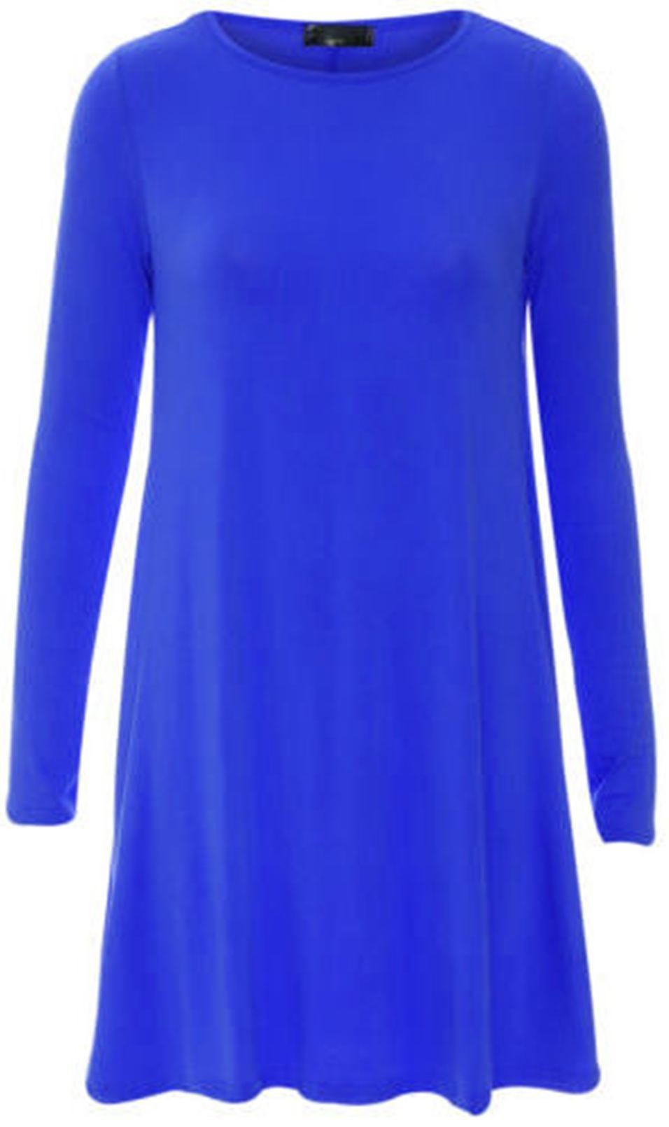 Wearall Women's Royal Blue Plus Size Plain Long Sleeve Stretch Swing Dress Top - 24-26
