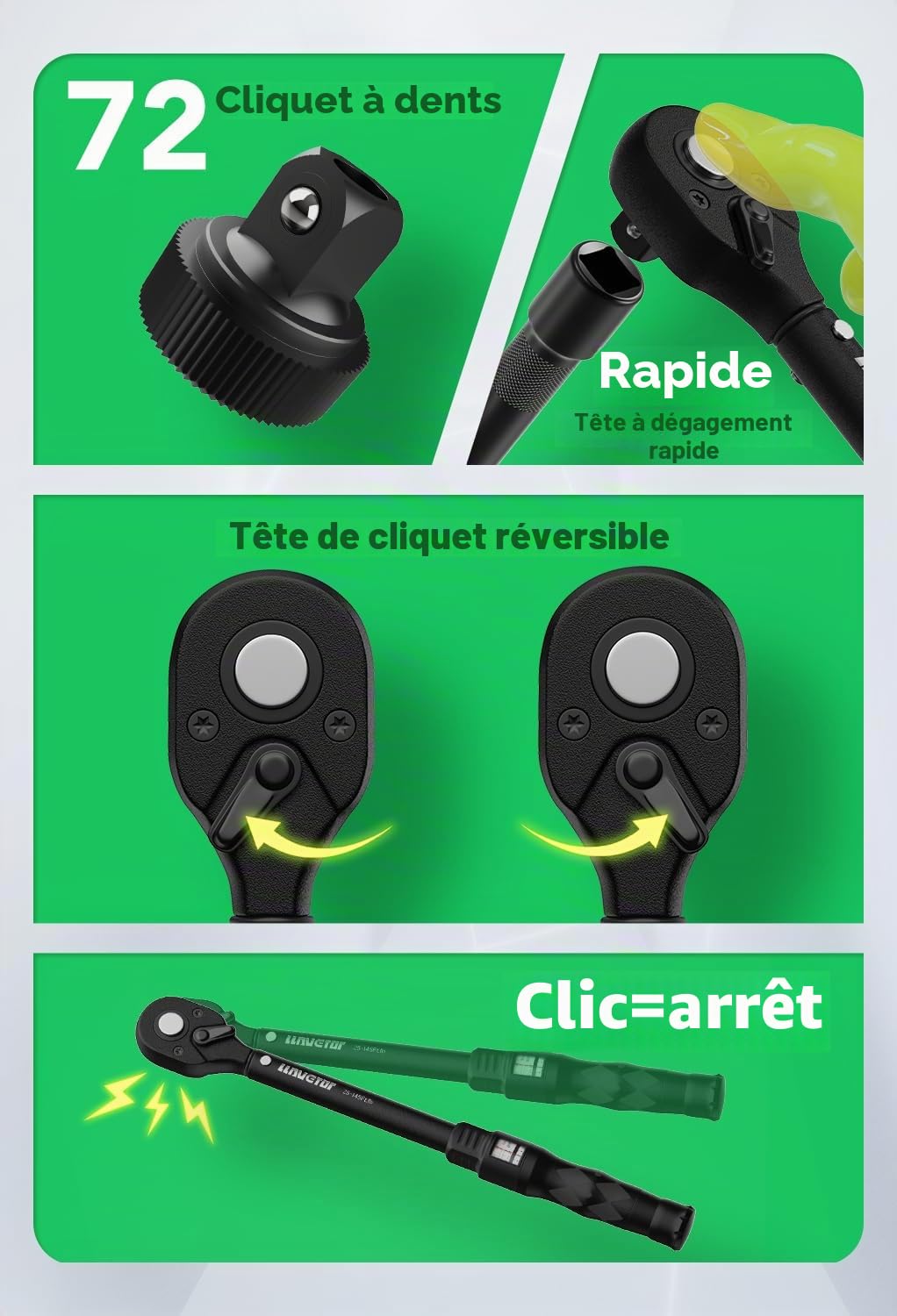 Clé Dynamométrique 1/2", Clé de Torsion 60-330NM, Précision ±3%, 72 Dents Clé à Cliquet Réversible(60-330 NM)