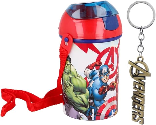Avengers Pop Up Water Bottle Drink Bottle Flask with Neck Cord for Easy Carry School Lunch Kids Childrens 450ml Includes Avengers Keychain