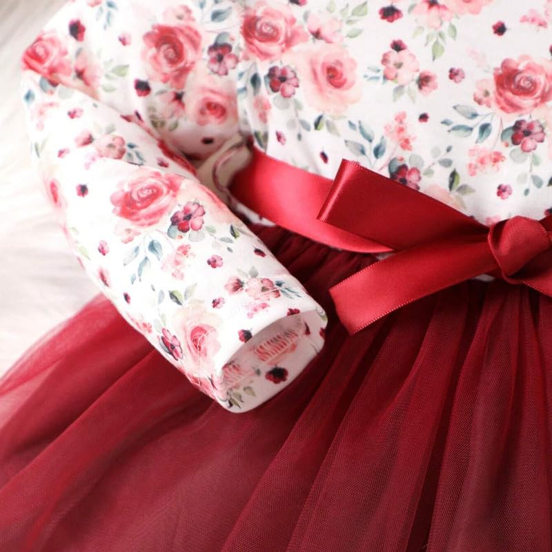 Image of Niren Enterprise Long Sleeve Printed Flower Belted Round Neck Baby Girl Frock with Knee-Length and A-Line Style