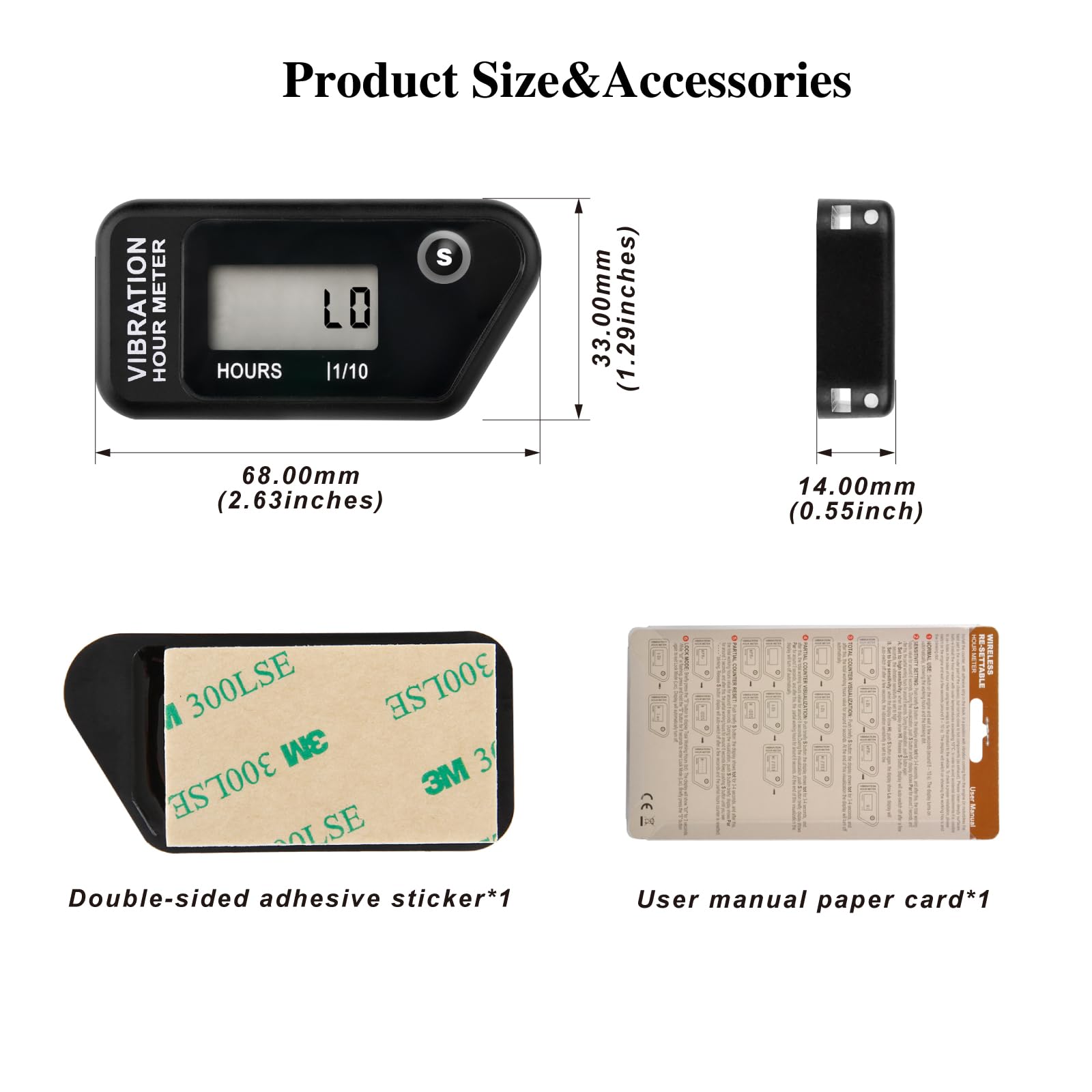Jayron LCD Compteur horaire à vibrations étanche IP68, tondeuse, noir | Autoalimenté, sans câblage, total non réinitialisable, TMR réinitialisable, 3 sensibilités, verrouillage de transport