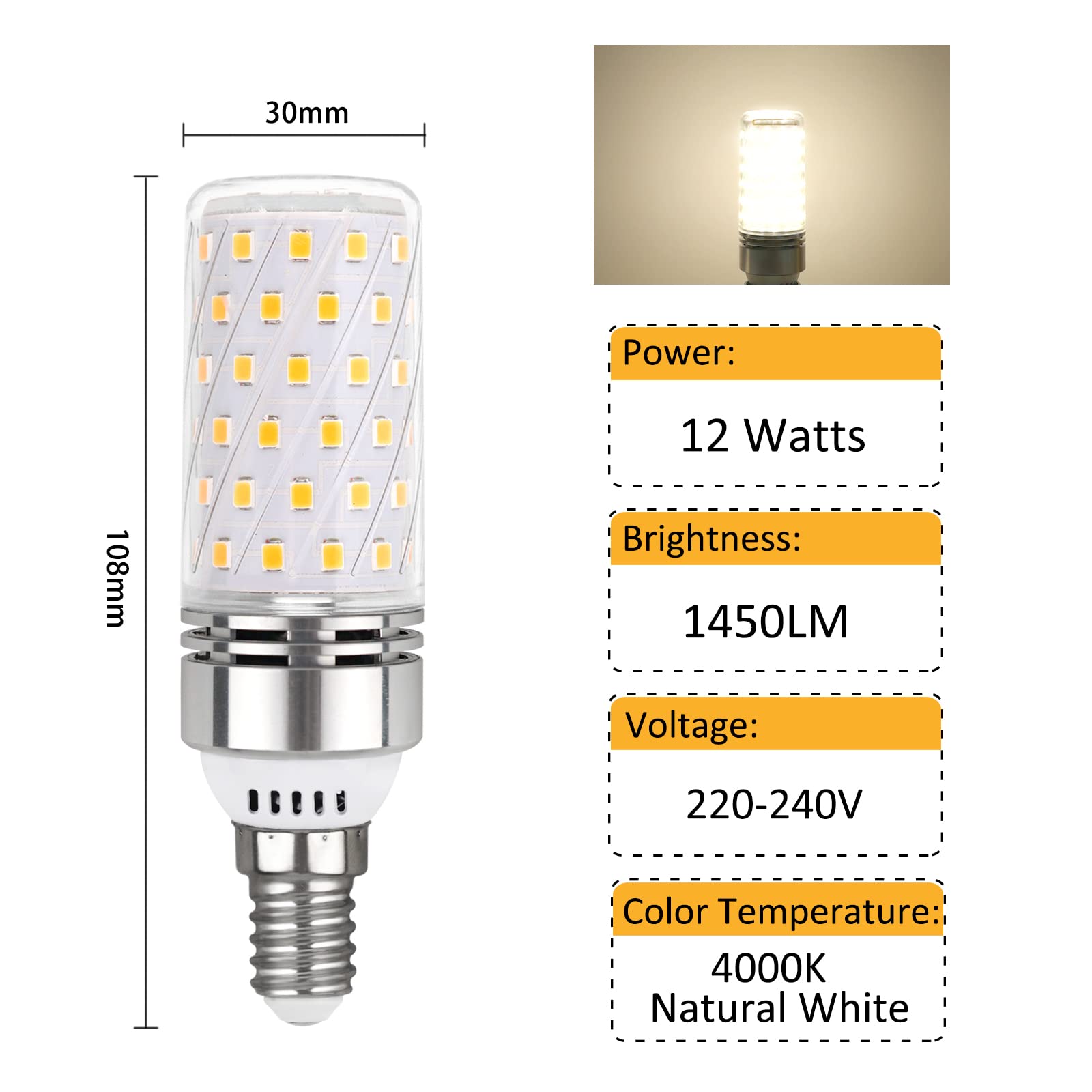 Lot de 2 ampoules LED E14 12 W Blanc naturel 4000 K 1450 lm, 230 V, équivalent aux ampoules halogènes E14 100 W, petites vis, ampoules de plafond SES, non dimmables