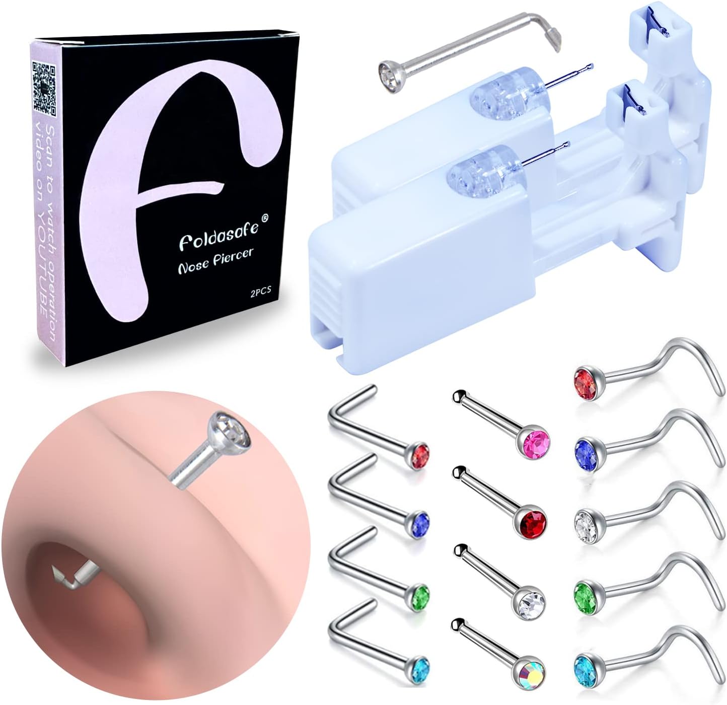 Firstomato 2 Pack Self Use Nose Piercing Gun Safe Nose Piercing Kit Tool Painless and Allergy Free Nose Piercer with Hypoallergenic Nose Studs
