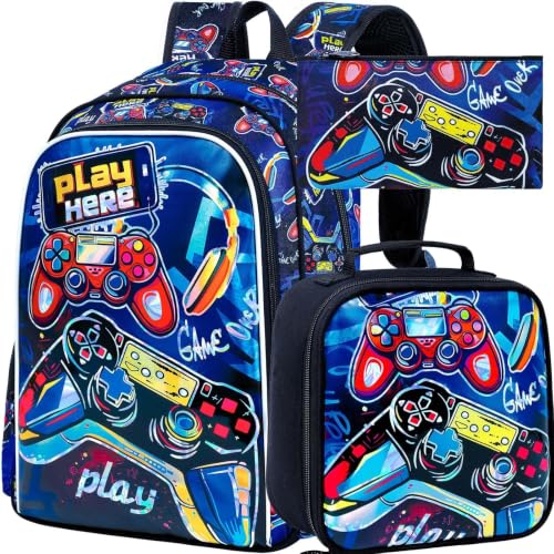 Image of CCJPX 3PCS Gamer Backpack for Boys, 16 Inch Kids Water Resistant Preschool Bookbags, Cool Kindergarten School Backpacks and Lunch Box