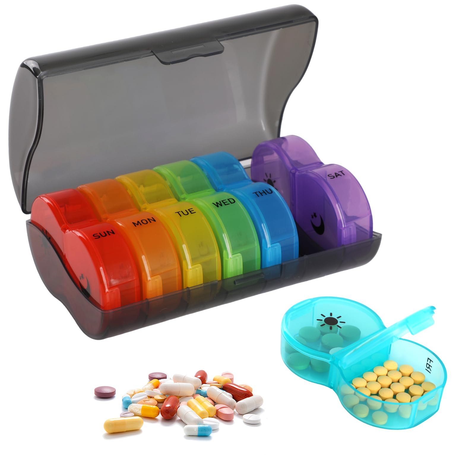 WD&CD Pudełko na tabletki 7 dni rano wieczorem, bez BPA, małe pudełko na leki, na 14 dni, 2 przegródki, duże przegródki na leki, witaminy, olej rybny – czarny i kolorowy