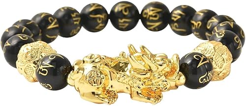 SHOP LC DELIVERING JOY Feng Shui Wealth Bracelet for Men Women, Beads Stretchable Good Luck Bracelet Gold Plated Dragon Lucky 6.50" Birthday
