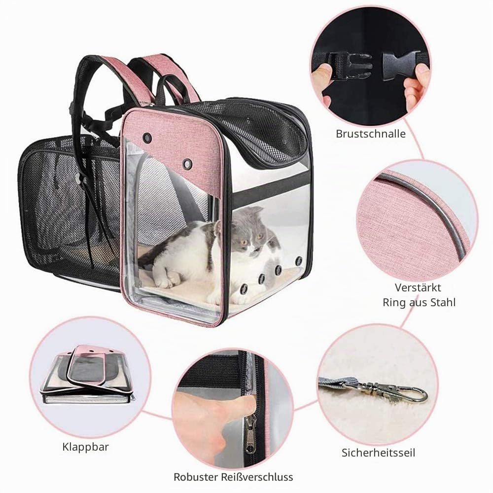 Transporttasche Rucksack Haustiere Hunde Katzen 10kg, Erweiterbare Große Tragbare Katzenrucksack Hunderucksack 4 Eintritt Top Öffnung Transparent Tragetasche Faltbar Airline Genehmigt Reisen