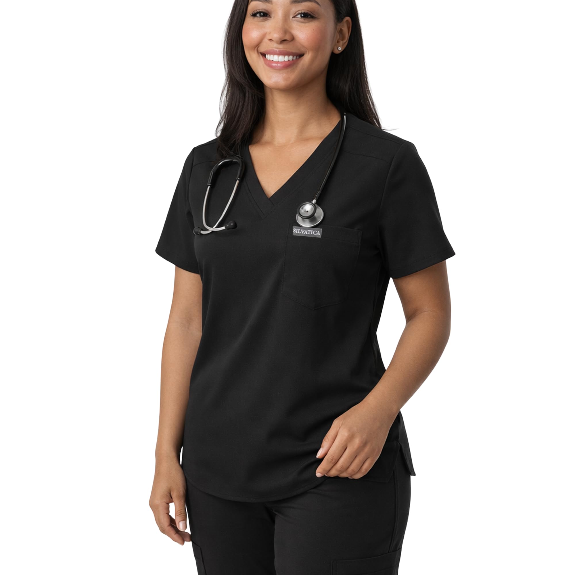 Silvatica Luna Womens V-Neck Scrub Top Tailored Fit 4-Way Stretch 1 Chest Pocket Soft Rayon Blend Nursing Uniform