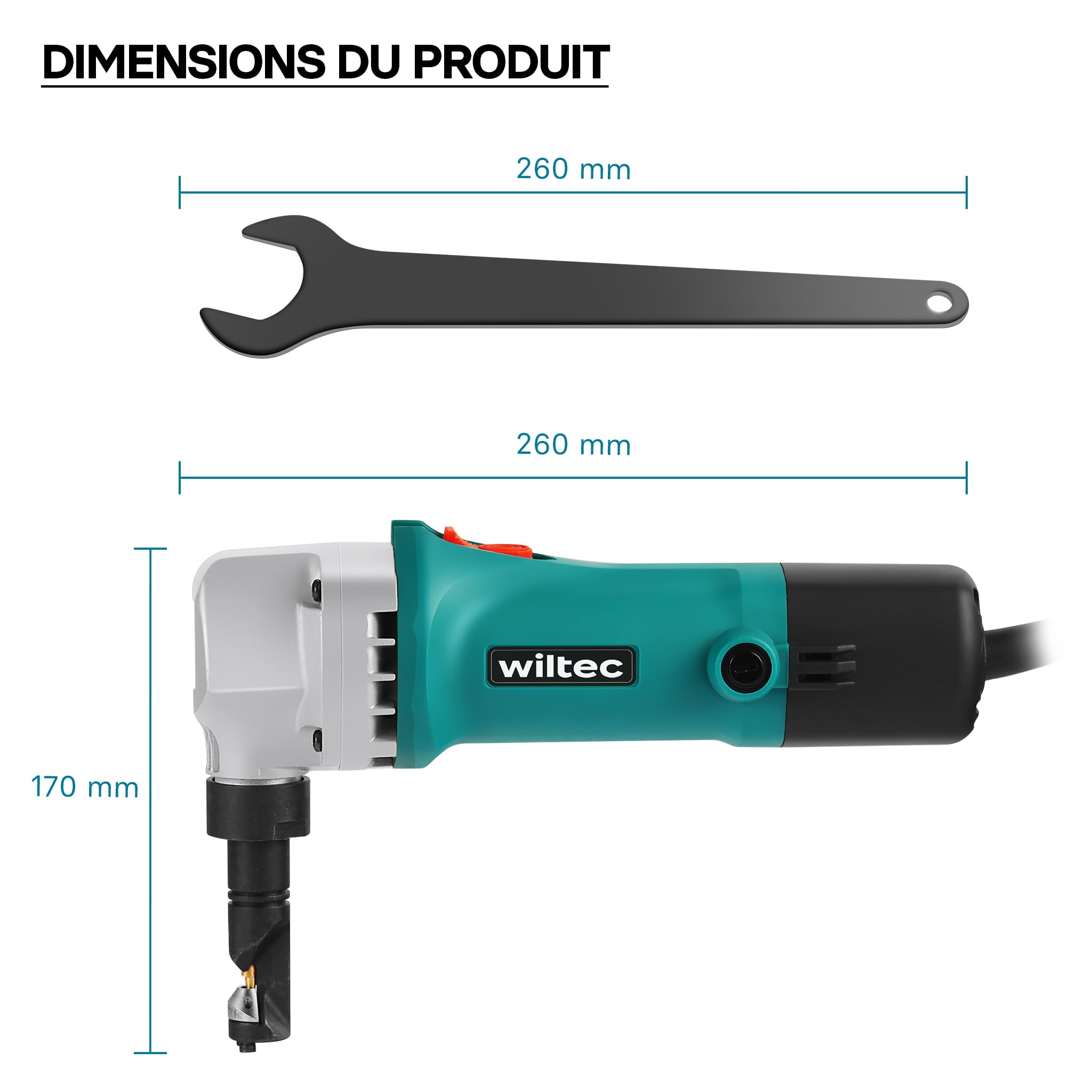 WilTec Grignoteuse électrique de de tôle et Plastique – 500 W – Profondeur de Coupe 2,5 mm – 2000 TR/Min Max. – Outil de découpe de métal – Tête de Coupe orientable 360°